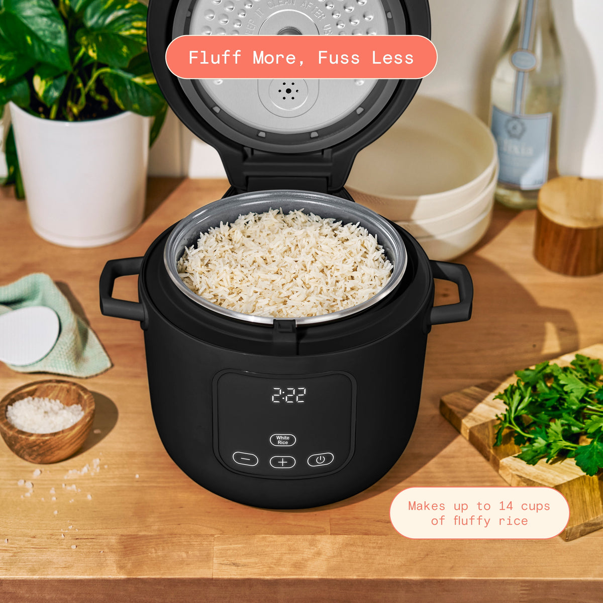 Beautiful 14-Cup Cooked, 6-Cups Uncooked Electric Rice and Grain Cooker, EverGood Ceramic Nonstick Coating, Black Sesame by Drew Barrymore