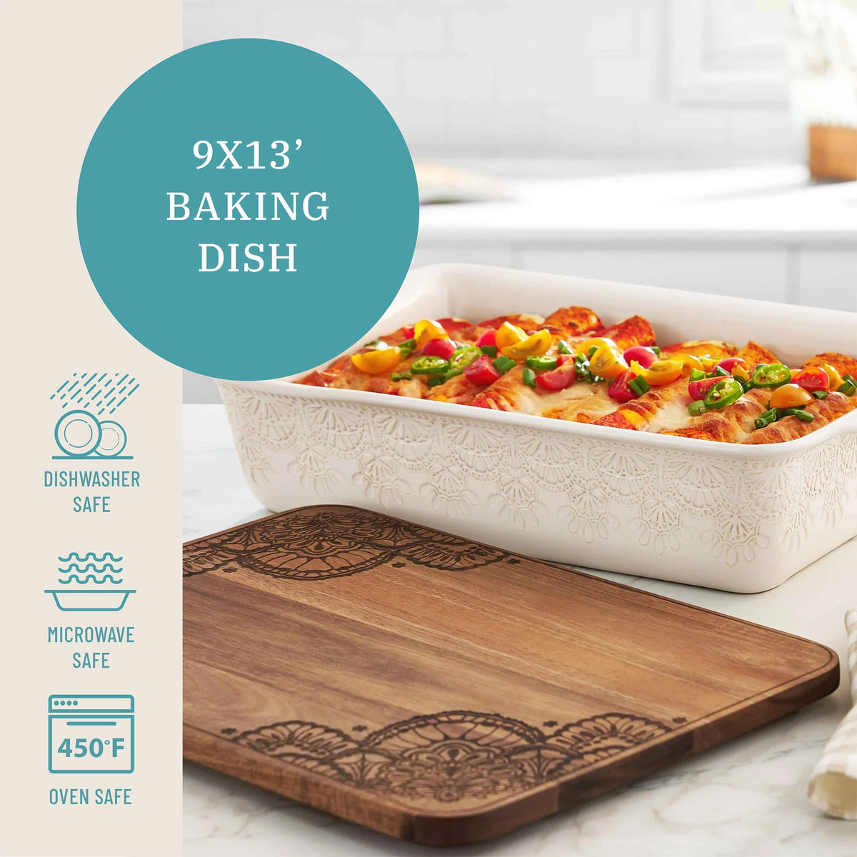 The Pioneer Woman Vintage Lace 13" x 9" 6 qt Linen Ceramic Casserole Baking Dish, with Wood Lid