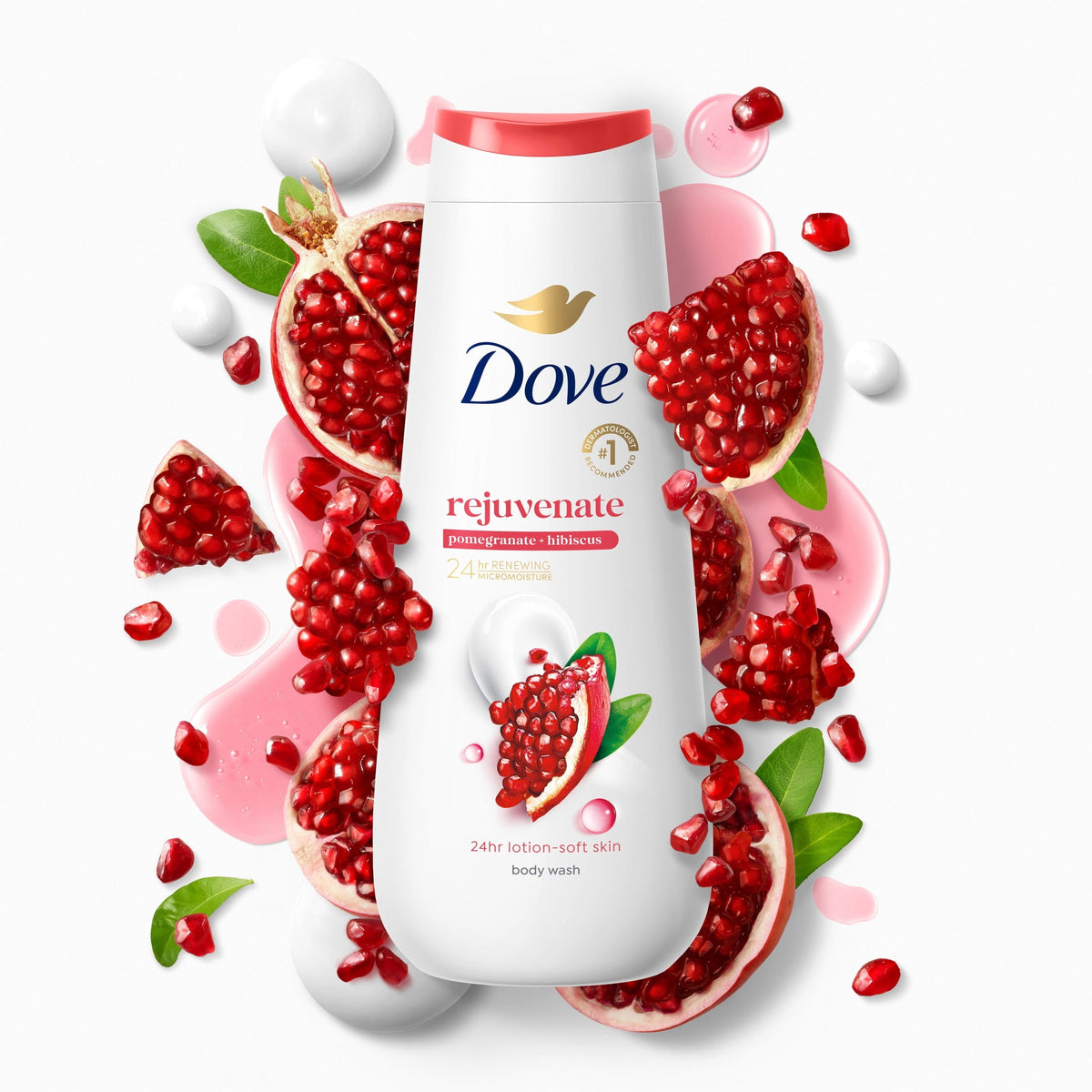 (3 pack) Dove Body Wash with Pump for 24hr Lotion-Soft Skin Rejuvenating Pomegranate & Hibiscus Moisturizing Skin Cleanser with No Sulfates No Parabens, 30.6 fl oz
