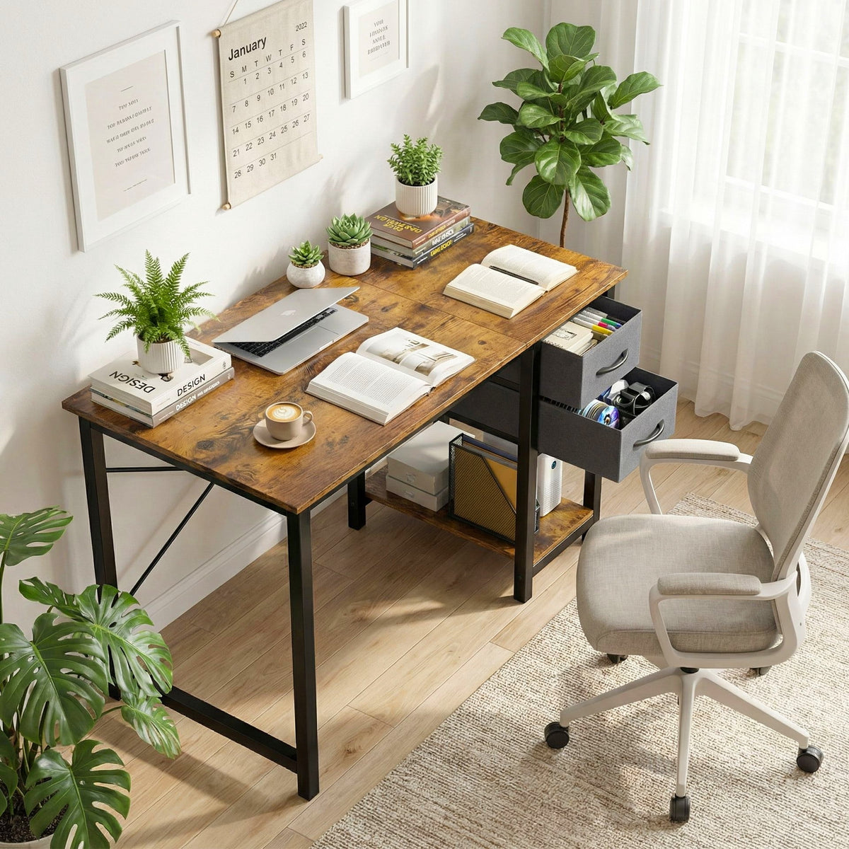 CONCETTA 40in Small Computer Desk with 2 Drawers, Side Headphone Hook, Writing Work Study Desk for Home, Rust Brown