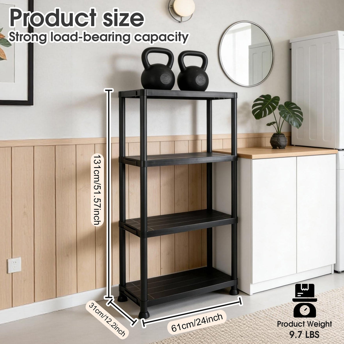 Plastic Shelves, 4-Shelf Storage rack, Multi-Purpose Storage Shelf, Plastic Storage Shelves for Storage Easy to Assemble for Garage Basement Kitchen Office Bedroom Bathroom