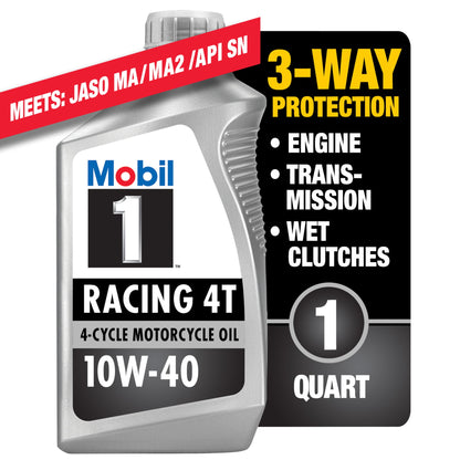 (3 pack) Mobil 1 Racing 4T Full Synthetic Motorcycle Oil 10W-40, 1 Quart