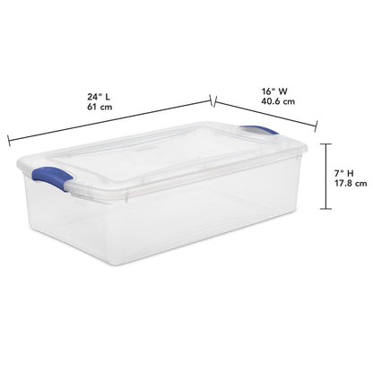 Sterilite Latching Storage Bin, 32 Quart Clear Plastic Storage Container with Latch Lid, Blue, 6 Pack