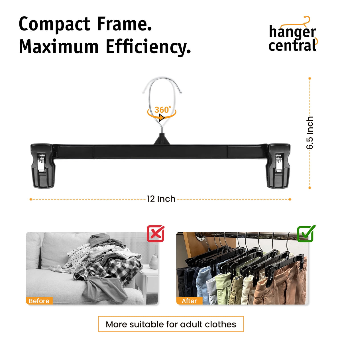 Hanger Central 100 Pack Black Plastic Pants And Skirt Hangers 12 inch