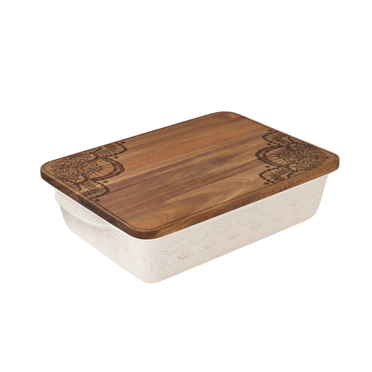 The Pioneer Woman Vintage Lace 13" x 9" 6 qt Linen Ceramic Casserole Baking Dish, with Wood Lid