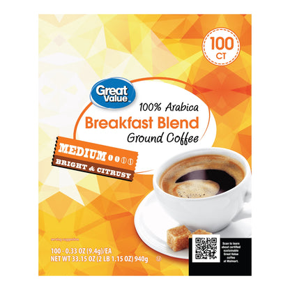 Great Value 100% Arabica Breakfast Blend Medium Roast Ground Coffee Pods, 33.1 oz, 100 Count