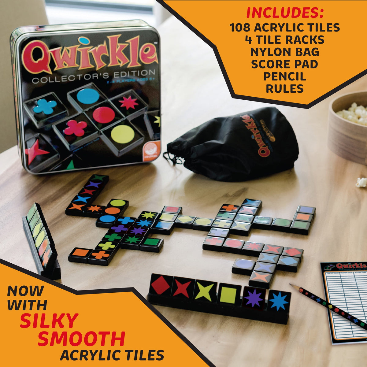 MindWare Qwirkle Deluxe Collector’s Edition Game, 108 Acrylic Tiles, 4 Tile Racks, Nylon bag, Score Card, Pencil & Rules, 2 to 4 Players