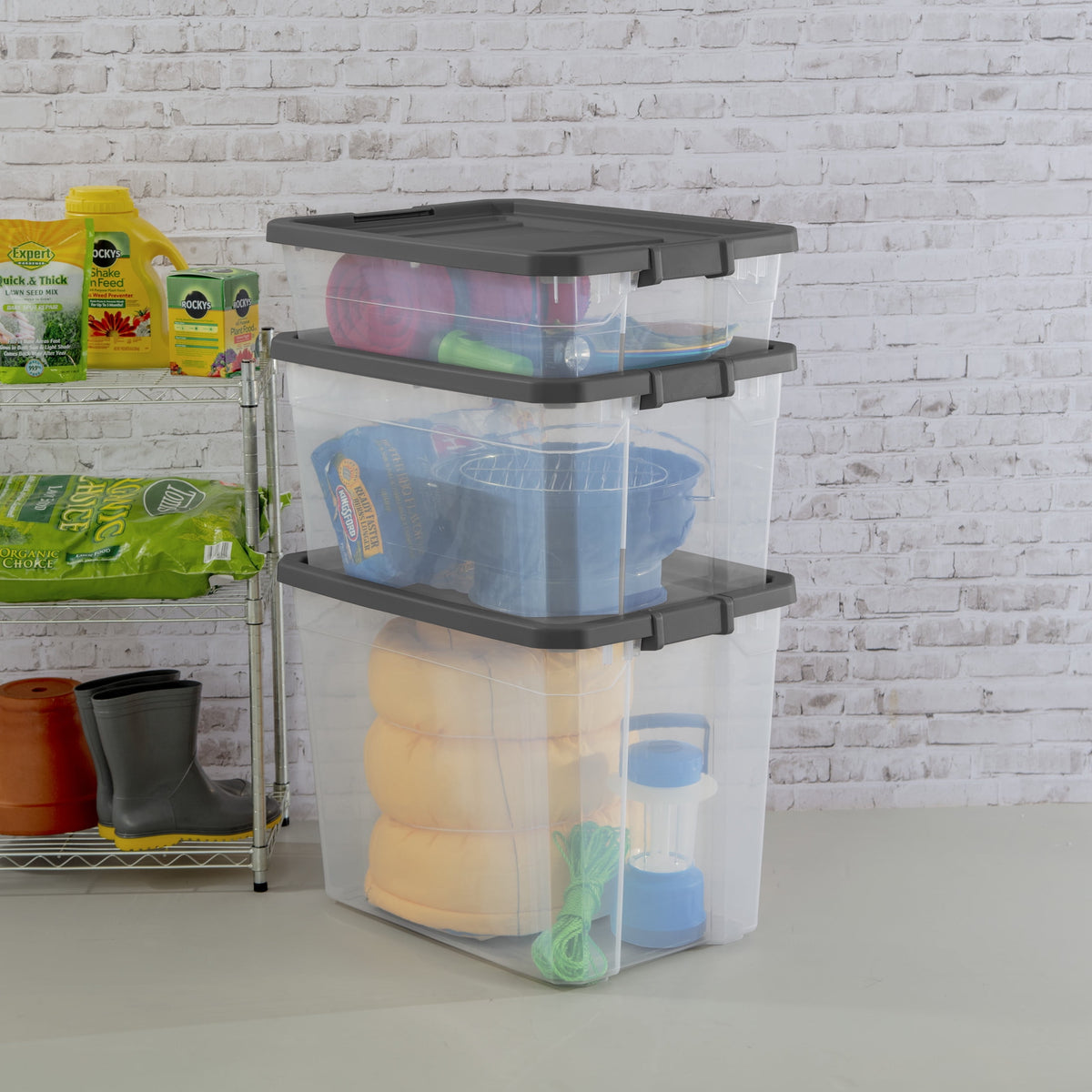 (2 pack) Sterilite 40 Quart Medium Stackable Storage Bin, Clear Plastic Underbed Storage Container with Latch Lid, Dark Gray
