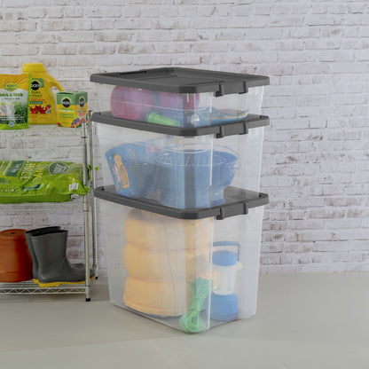 (2 pack) Sterilite 76 Quart Stacker Storage Bin, Clear Plastic Storage Container with Latch Lid, Durable, Dark Gray