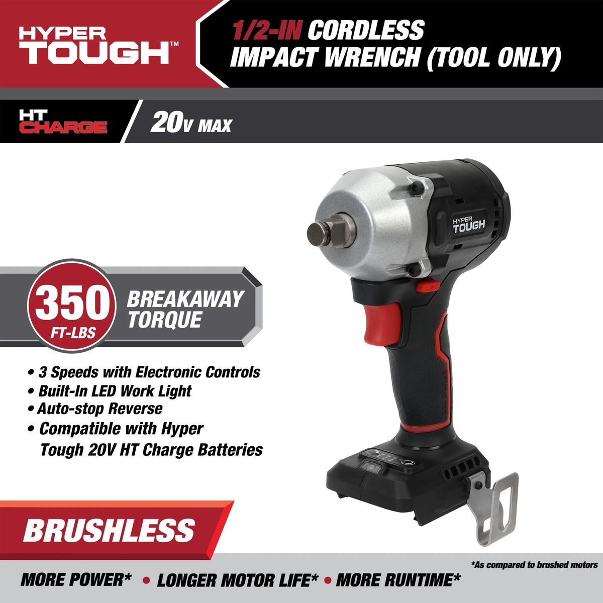 Hyper Tough 20V Max Brushless 1/2 in Cordless Impact Wrench, 350 ft-lbs, Tool Only