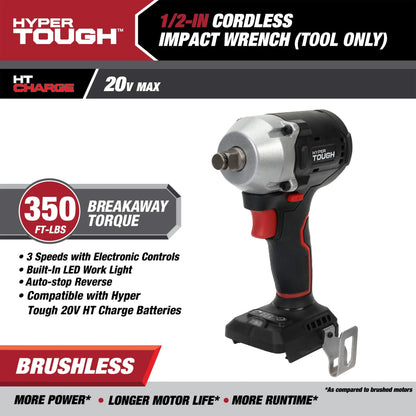 Hyper Tough 20V Max Brushless 1/2 in Cordless Impact Wrench, 350 ft-lbs, Tool Only