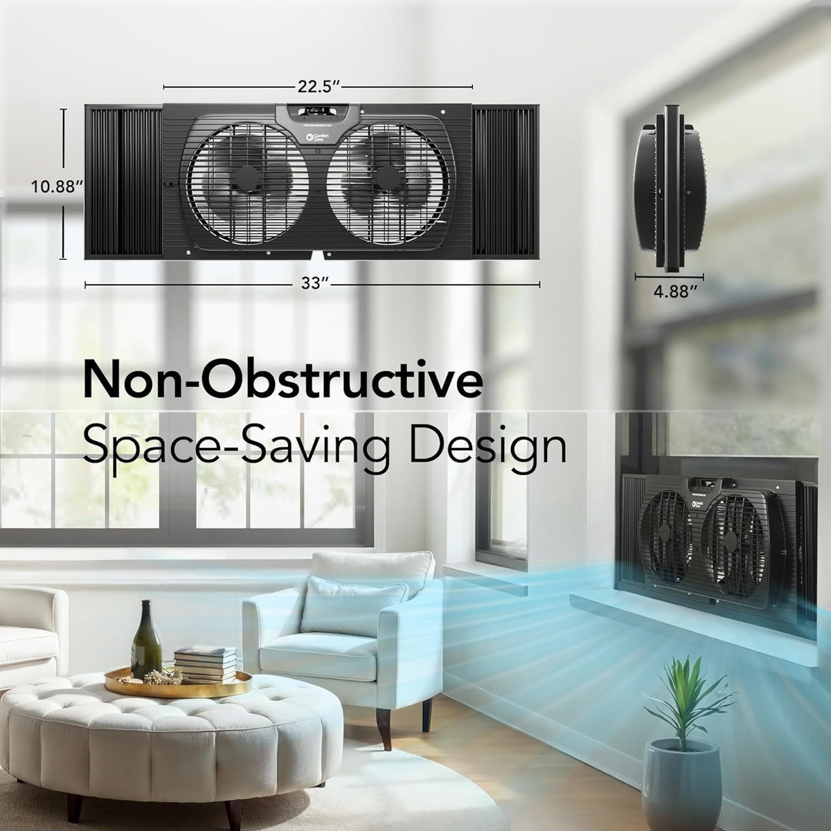 Comfort Zone 9" Twin Window Fan with Quiet Setting, 3-Speeds, Auto-Locking Expanders, Black