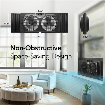 Comfort Zone 9" Twin Window Fan with Quiet Setting, 3-Speeds, Auto-Locking Expanders, Black