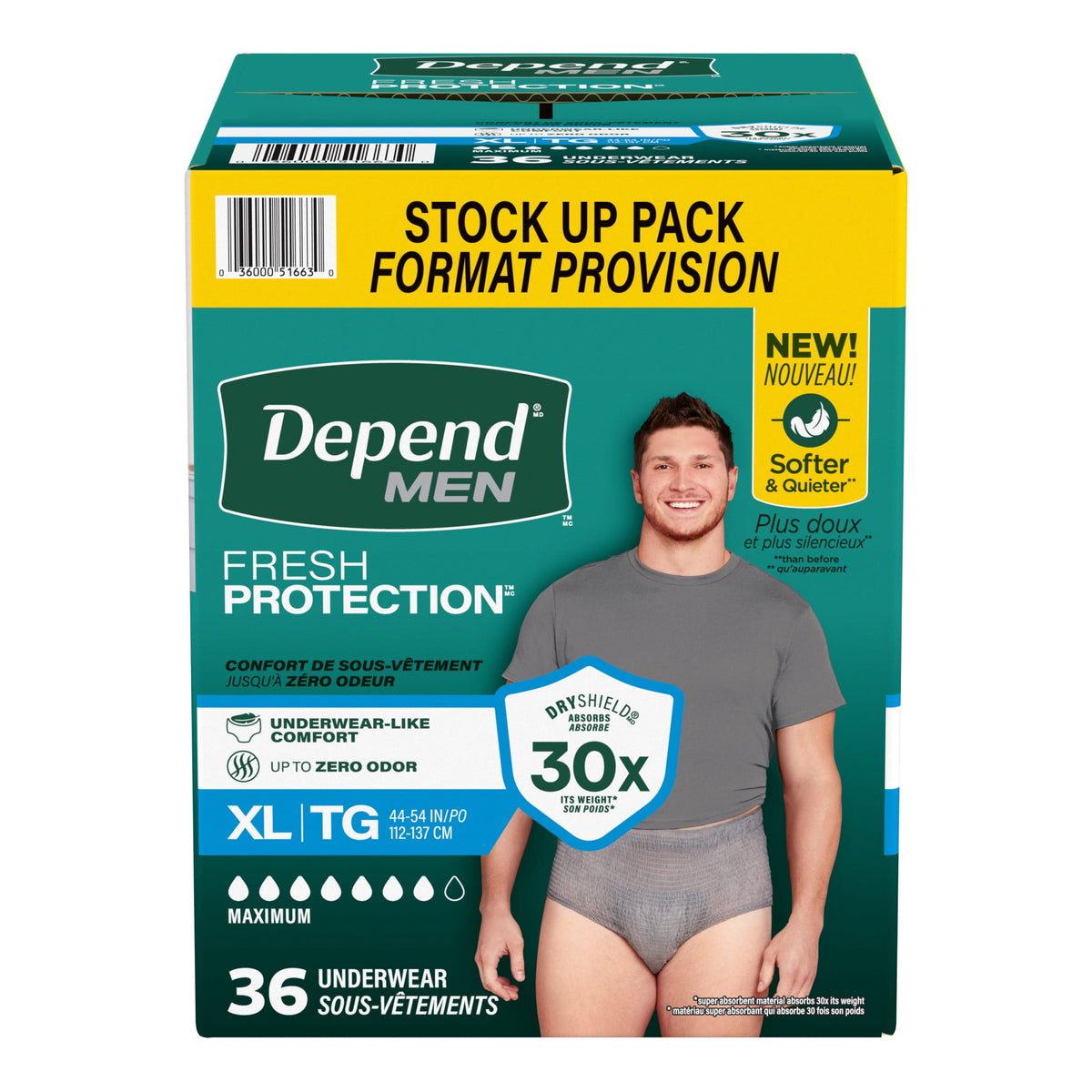 Depend Fresh Protection Incontinence Underwear for Men, Adult Diapers, XL (36 Count)