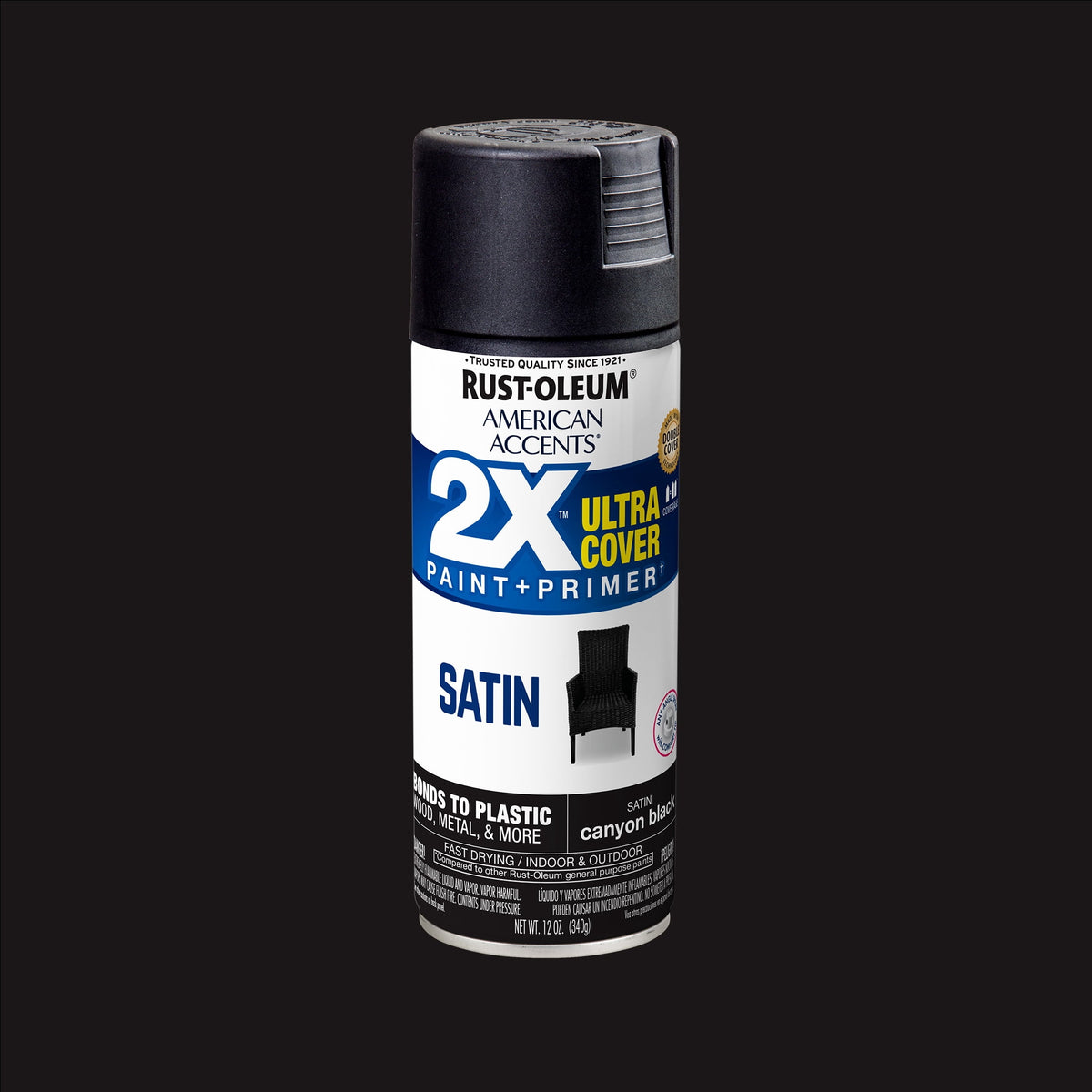 (6 pack) Canyon Black, Rust-Oleum American Accents 2X Ultra Cover Satin Spray Paint-327916, 12 oz