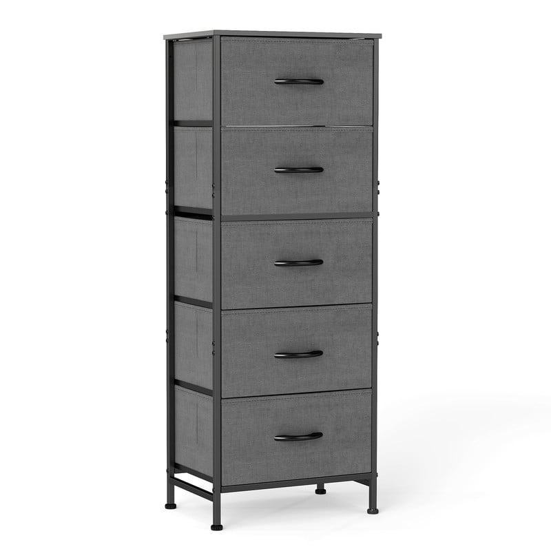Kelno 5 Drawer Fabric Dresser Steel Frame Storage Chest Organizer with Wood Top, Rustic Brown
