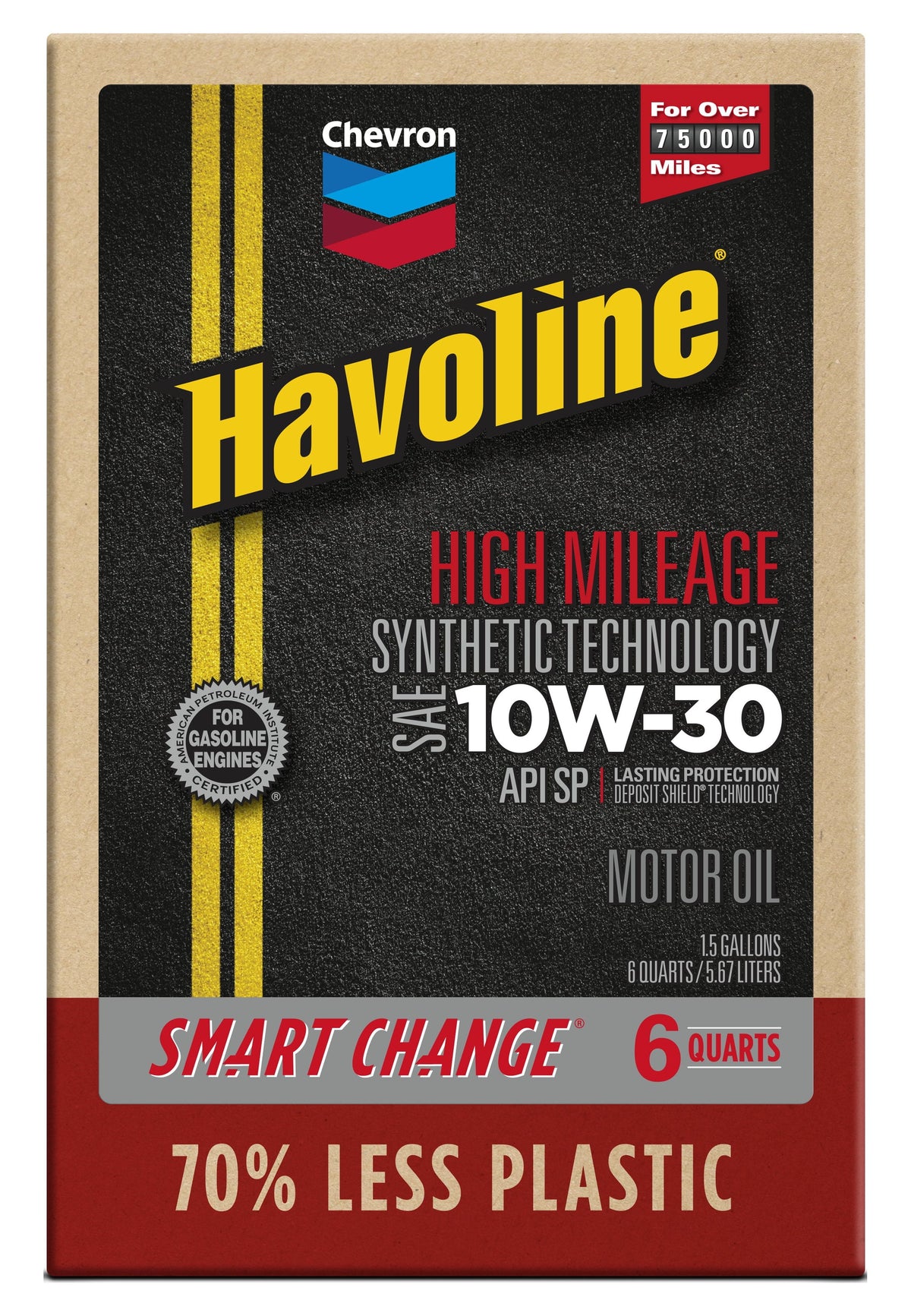 (2 pack) Chevron Havoline High Mileage Synthetic Technology Motor Oil 10W-30, 6 Quart Smart Change Box