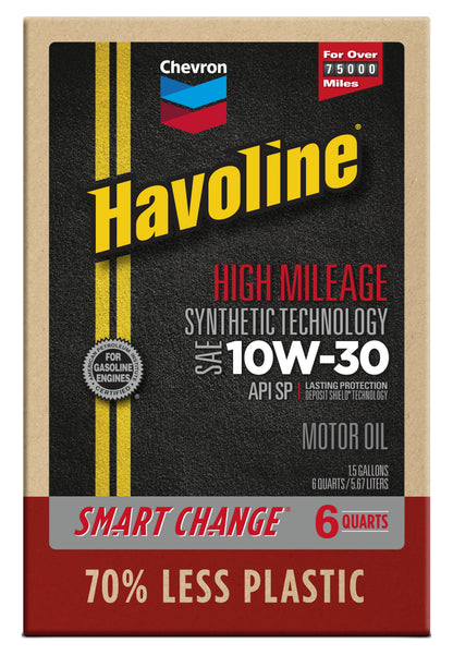 (2 pack) Chevron Havoline High Mileage Synthetic Technology Motor Oil 10W-30, 6 Quart Smart Change Box