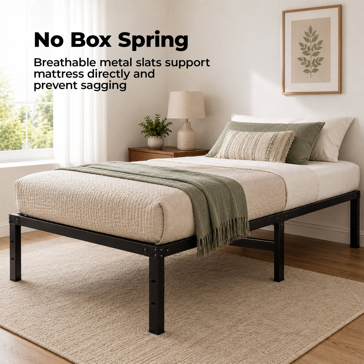 Alvantor Metal Bed Frame 16 Inch Tall, Heavy Duty Sturdy Mattress Foundation, No Box Spring Needed, Easy to Assemble, Under-bed Storage Space, Black