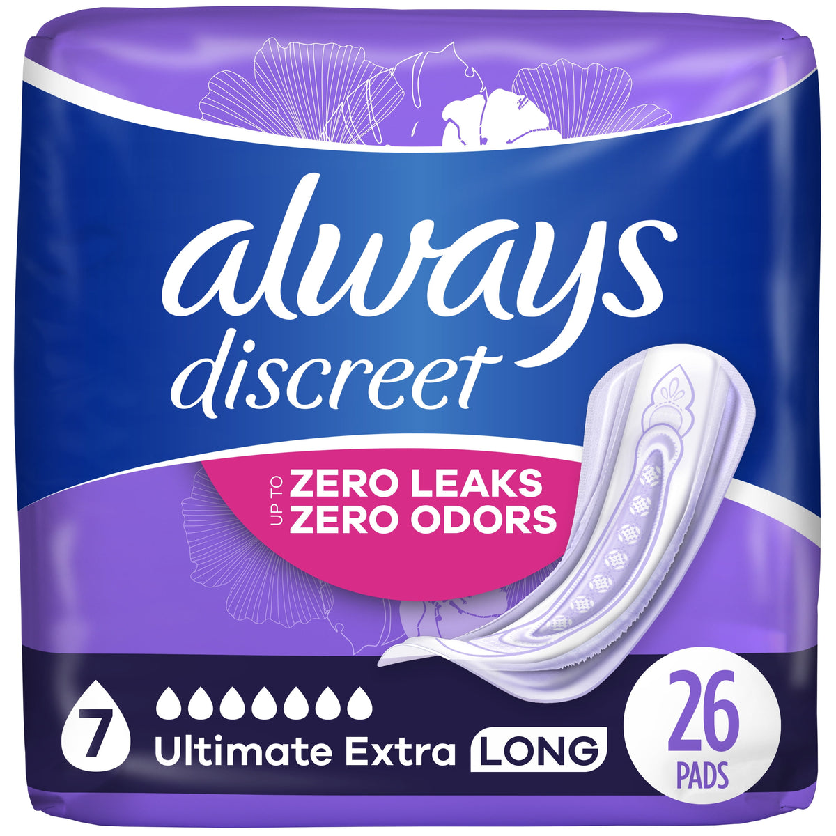 (2 pack) Always Discreet Adult Incontinence Pads for Women, Ultra Absorbent, Long Length, Postpartum Pads, 26 Count
