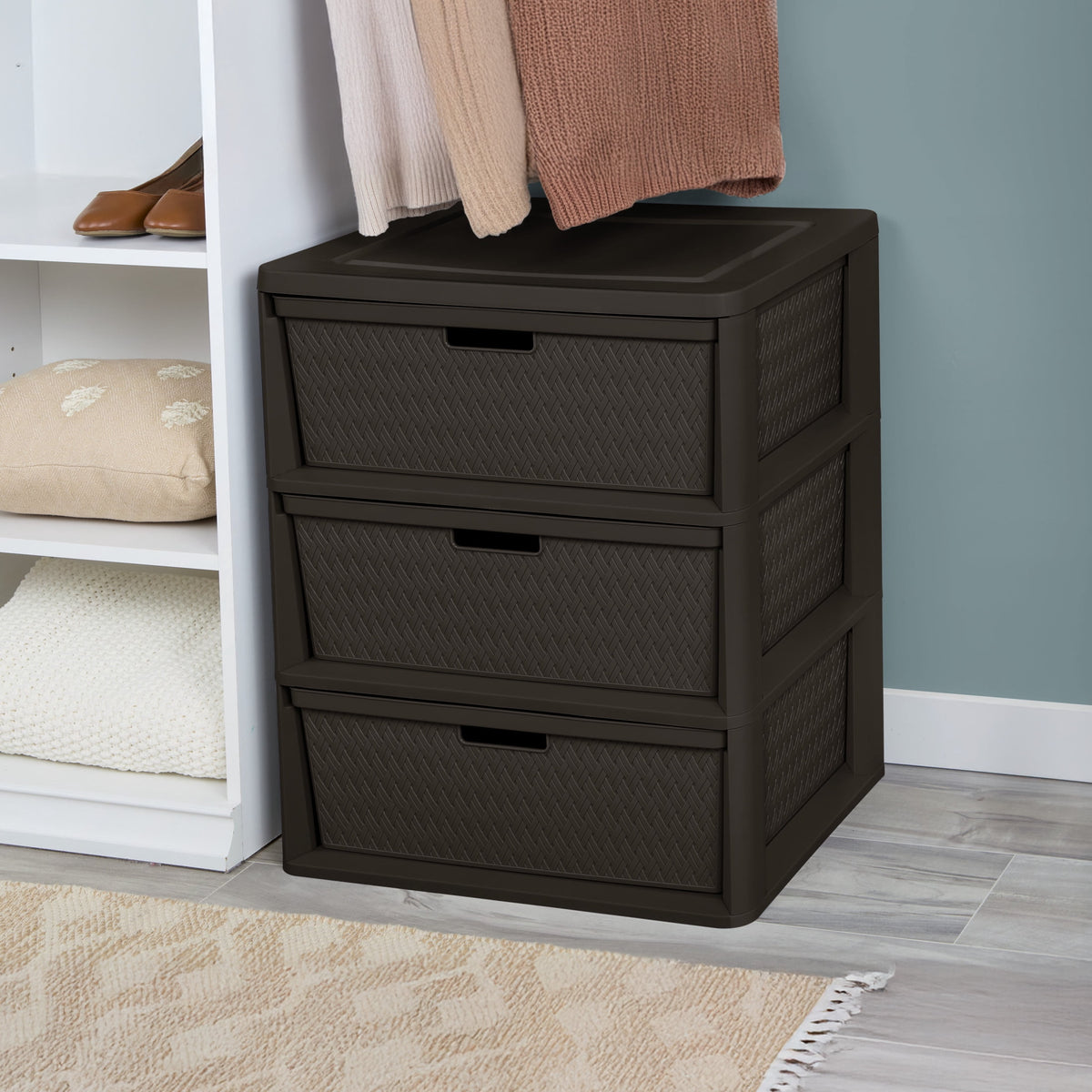 (2 pack) Sterilite Wide 3 Drawer Tower, Plastic Storage Organizer with Removable Decorative Bins, Easy Assembly, No Tools Needed, Brown