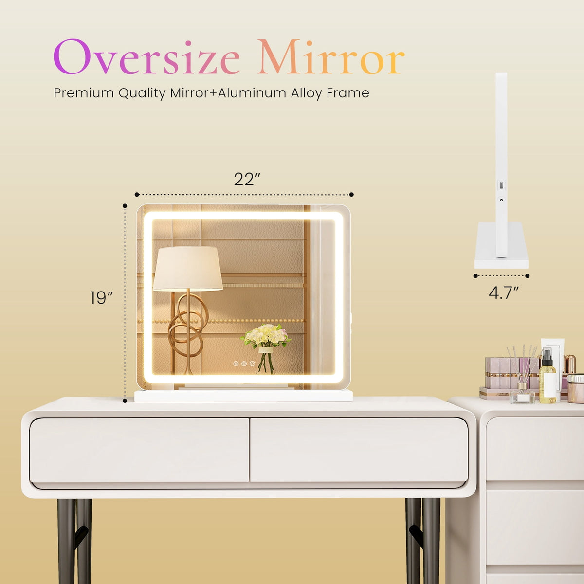 Gianna 19"x22" LED Vanity Mirror with Lights, Dimmable 3-Color Modes, Touch Screen Makeup Mirror for Dressing Table, White Square Design