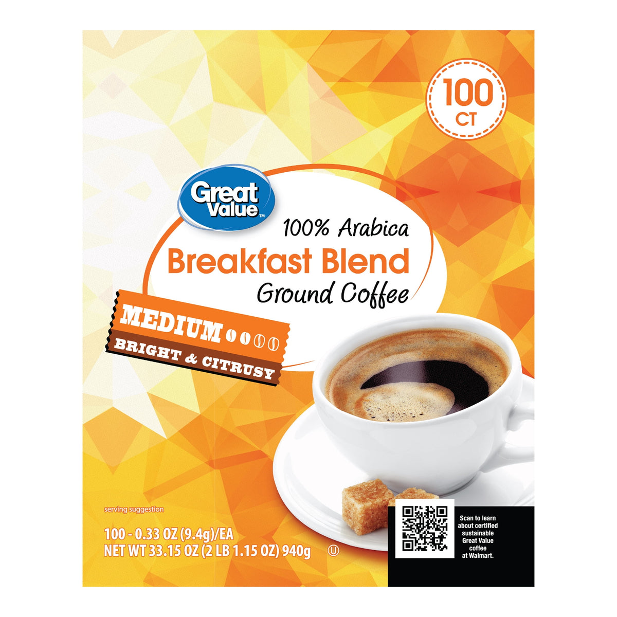 Great Value 100% Arabica Breakfast Blend Medium Roast Ground Coffee Pods, 33.1 oz, 100 Count