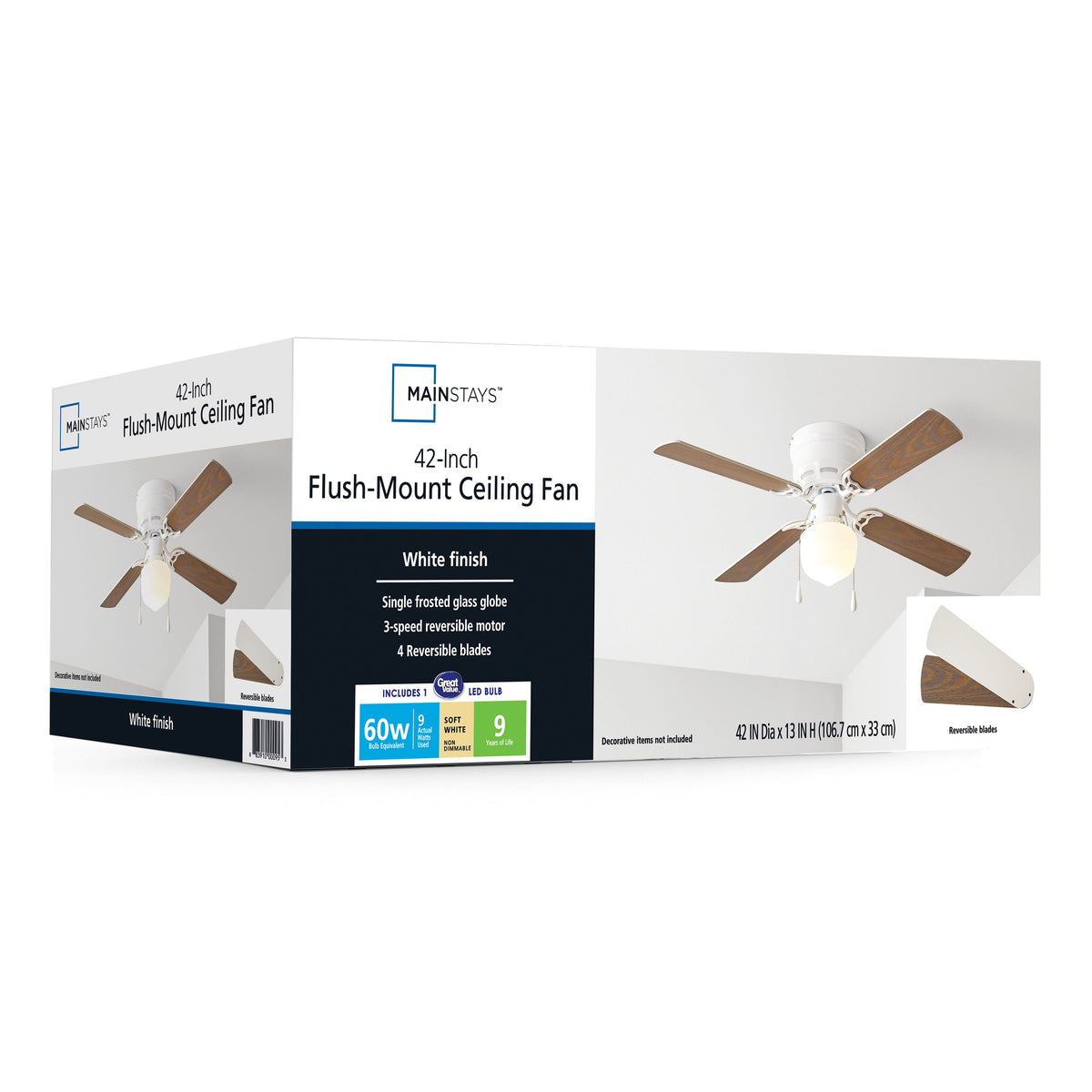 Mainstays 42 in Hugger Metal Indoor Ceiling Fan with Light, White, 4 Blades, LED Bulb, Reverse Airflow