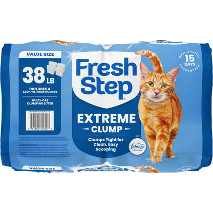 Fresh Step Extreme Clump Multi-Cat Clumping Cat Litter, Febreze Freshness Scent, 38 lb, Easy Pour Pouches (4 Pack)