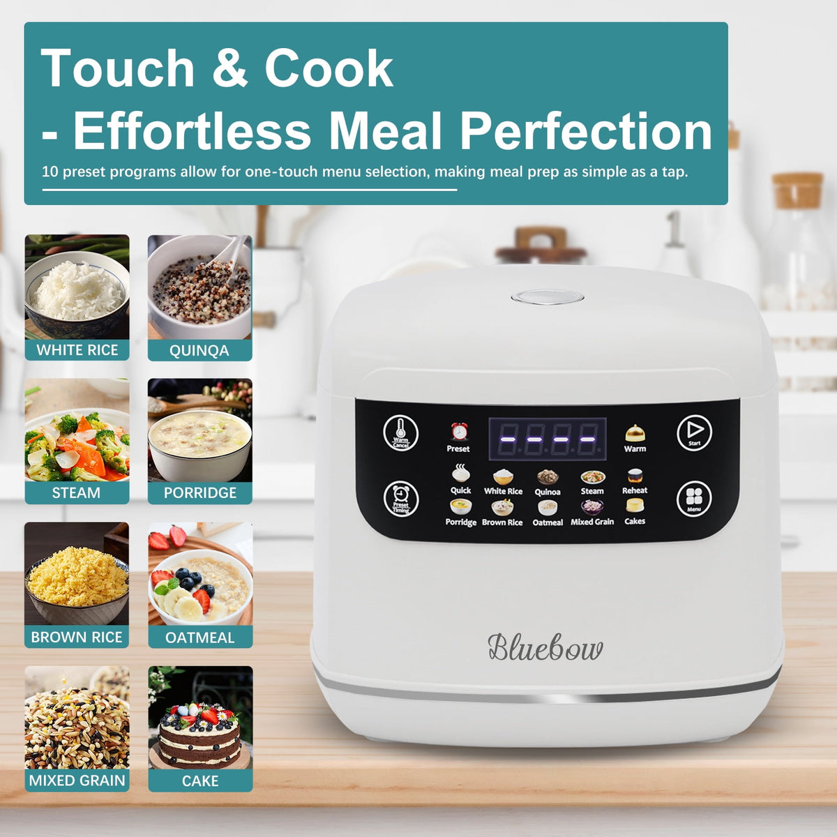 Bluebow Digital Rice Cooker, 6-Cup/2.1QT Small Rice Maker, 10 Presets, 24-Hour Delay Timer & Keep Warm, Non-Stick Inner Pot, White