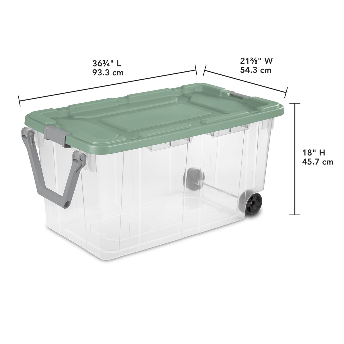 Sterilite Extra-Large Wheeled Rugged Storage Bin, 160 Quart Durable Clear Storage Container with Latching Lid and Pull Handle, Green, 2 Pack