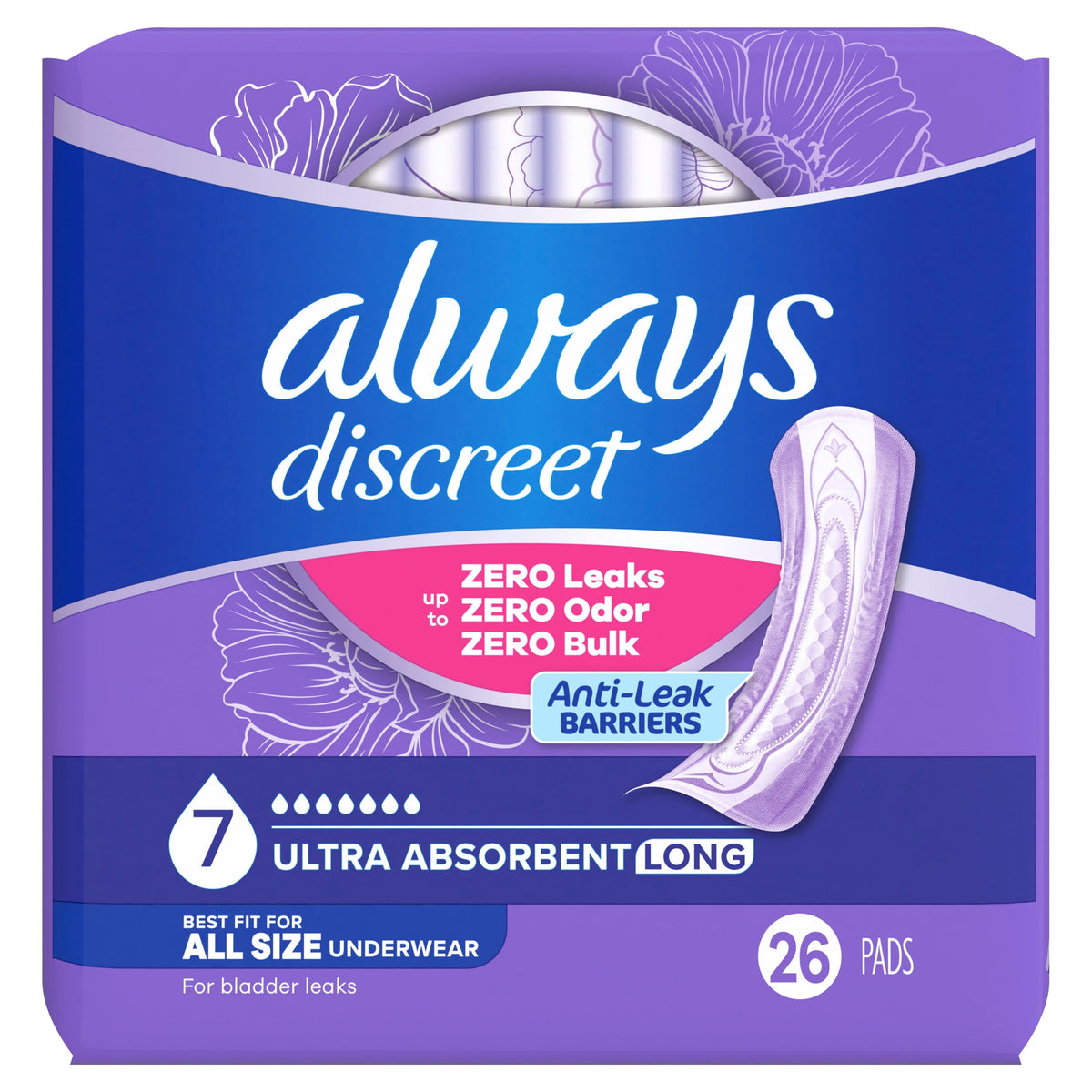 (2 pack) Always Discreet Adult Incontinence Pads for Women, Ultra Absorbent, Long Length, Postpartum Pads, 26 Count