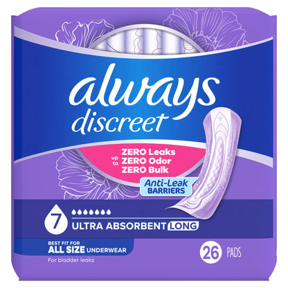 (2 pack) Always Discreet Adult Incontinence Pads for Women, Ultra Absorbent, Long Length, Postpartum Pads, 26 Count
