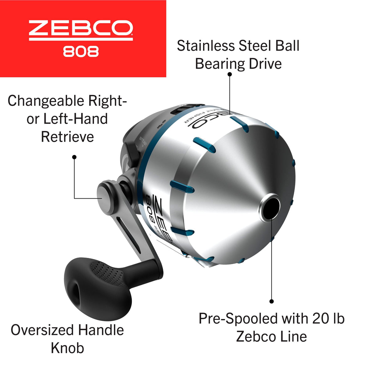 Zebco 808 Saltfisher Spincast Fishing Reel, Size 80 Reel, Stainless Steel Ball Bearing Drive, (Clam Packaging)