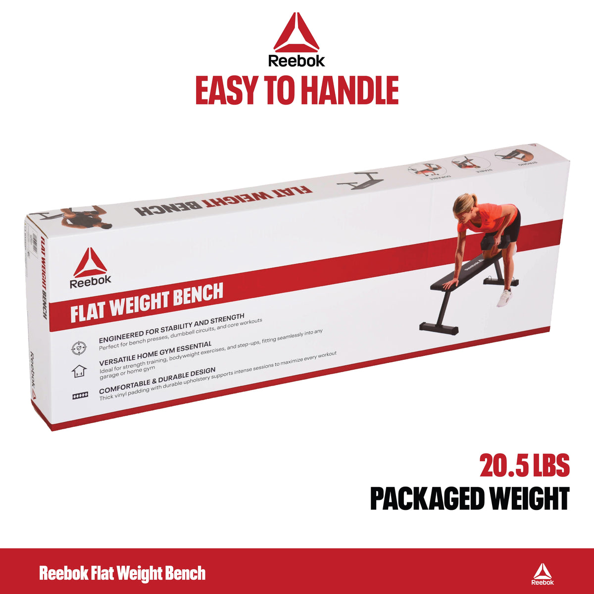 Reebok Heavy Duty Flat Bench – 600 lb Capacity, Tip-Resistant & Portable Weight Bench
