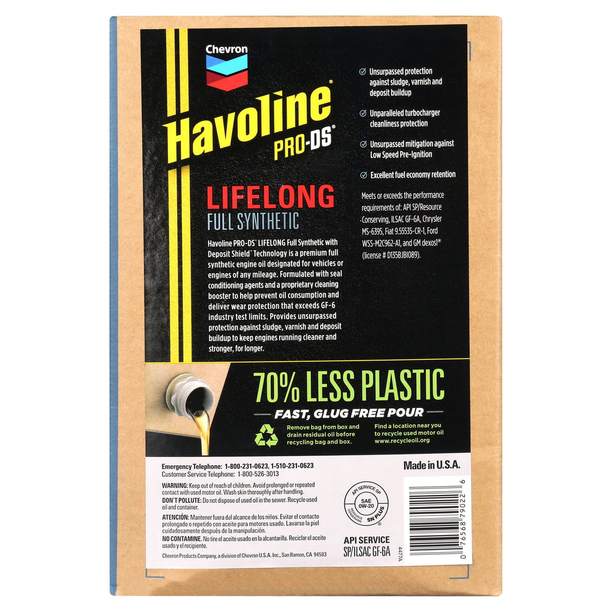 Chevron Havoline Lifelong 0W-20 Full Synthetic Motor Oil, 6 Quarts (Smart Change Box)