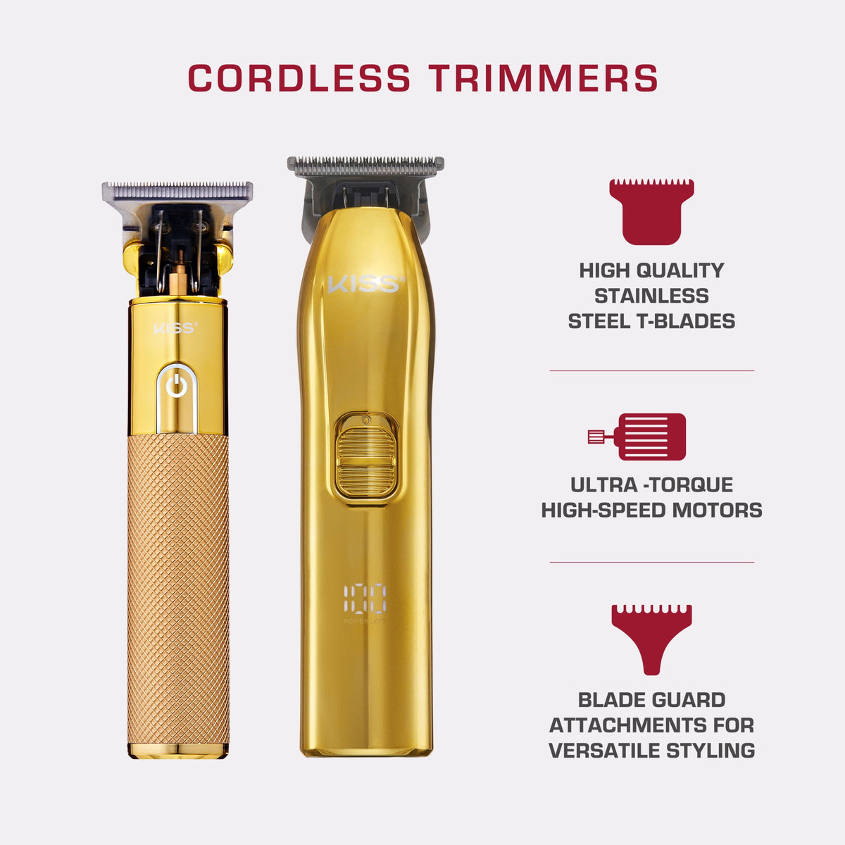 Kiss Precision Blade Cordless Hair Trimmer, Stainless Steel T-Blade, High-Speed Motor, Gold, 8 Pieces