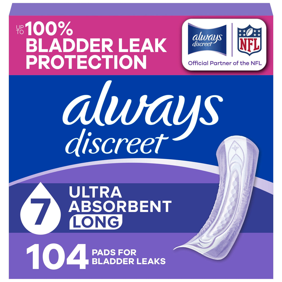 Always Discreet Pads, Ultra Absorbency, Long Length, 104 Count