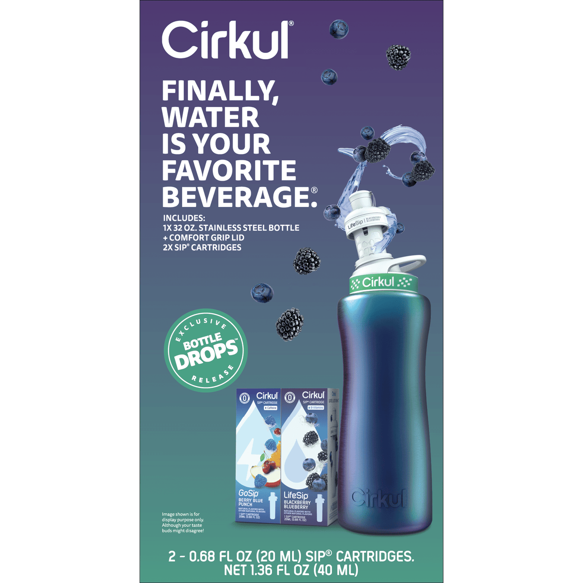 Cirkul 32oz Chameleon Stainless Steel Starter Kit with Chameleon Cirkul Lid 2.0 and 2 Flavor Cartridges (Blackberry Blueberry & Berry Blue Punch)