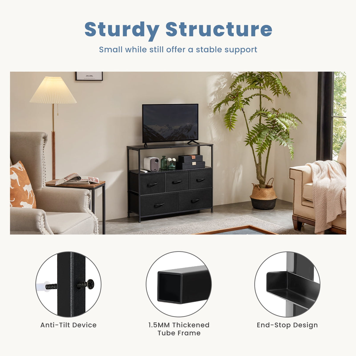CONCETTA TV Stand Dresser with 5 Fabric Drawers and Open Shelving, Multi-functional Storage Unit Fits TV up to 45 inches for Bedroom Living Room Hallway, Black