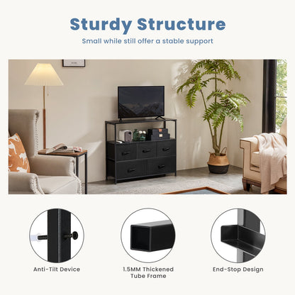 CONCETTA TV Stand Dresser with 5 Fabric Drawers and Open Shelving, Multi-functional Storage Unit Fits TV up to 45 inches for Bedroom Living Room Hallway, Black