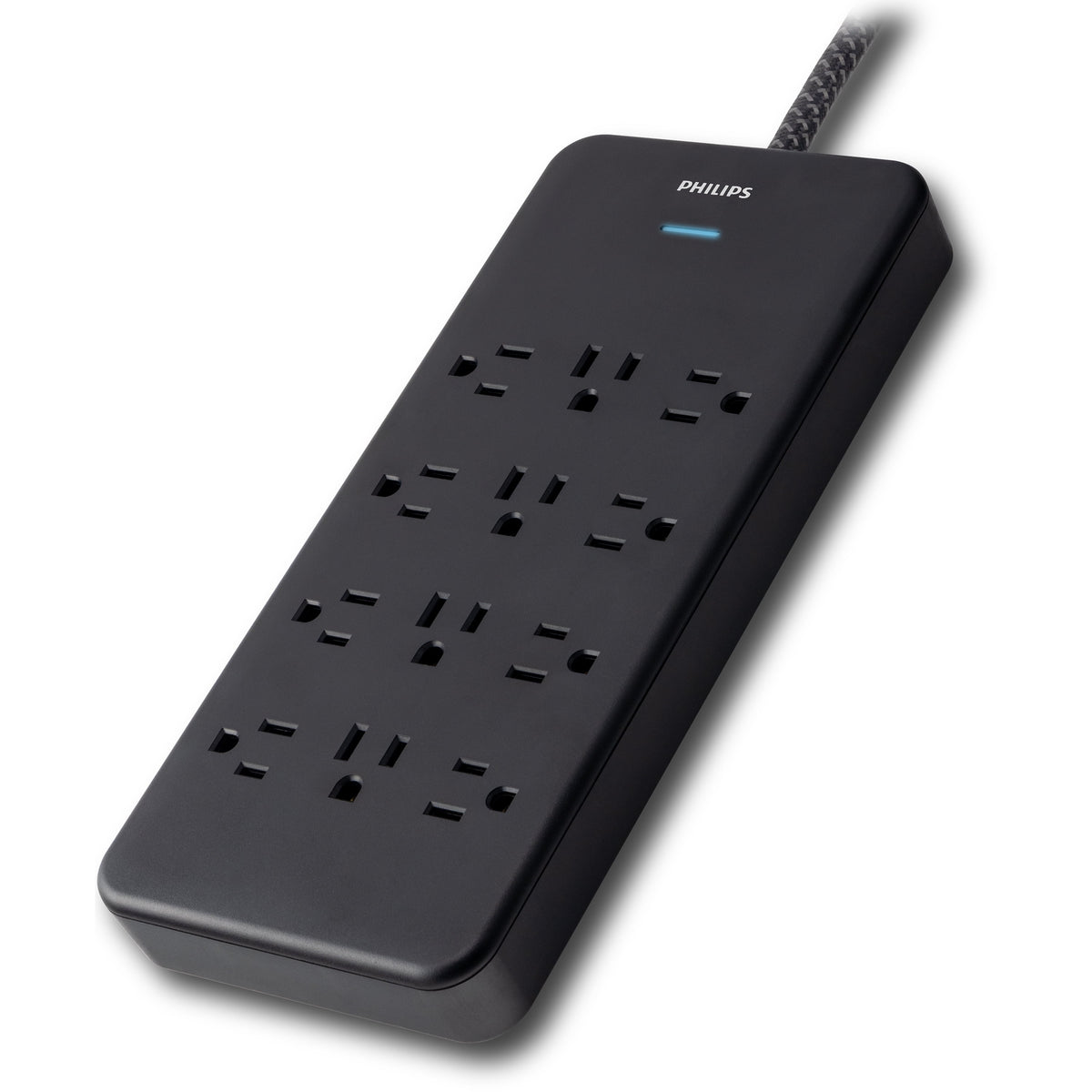 Philips Surge Protector Power Strip, 12 Outlet (Wide Spaced), 3500 Joules, Braided Cord, 6ft, Black