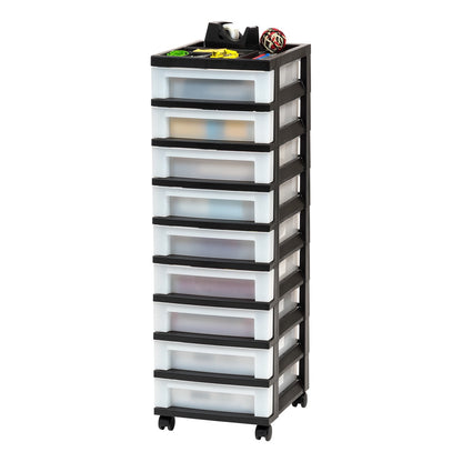 IRIS 9-Drawer Narrow Plastic Storage Drawer Cart with Organizer Top, Black
