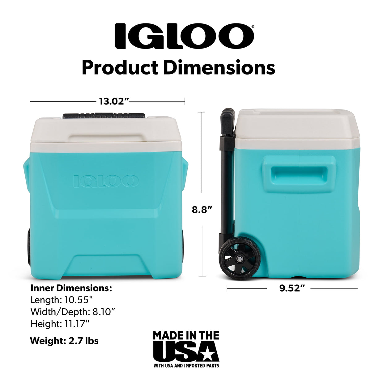 Igloo 16 QT Laguna Hard Side Ice Chest Cooler with Wheels, Aqua Blue