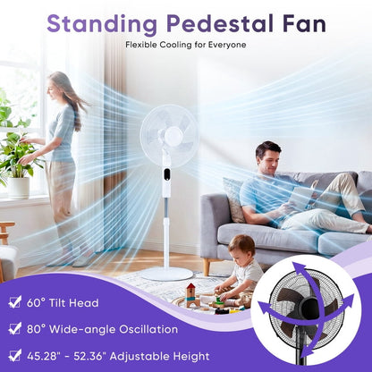 Gianna Quiet Pedestal Fan with Remote, Standing Floor Fan for Bedroom, Home Office - 15H Timer, 3 Speed & 3 Wind Modes, 80°Oscillating, Adjustable Height，White