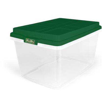 Hefty 72 Quart Clear Plastic Christmas Storage Bin with Holiday Green HIRISE Lid, Set of 6