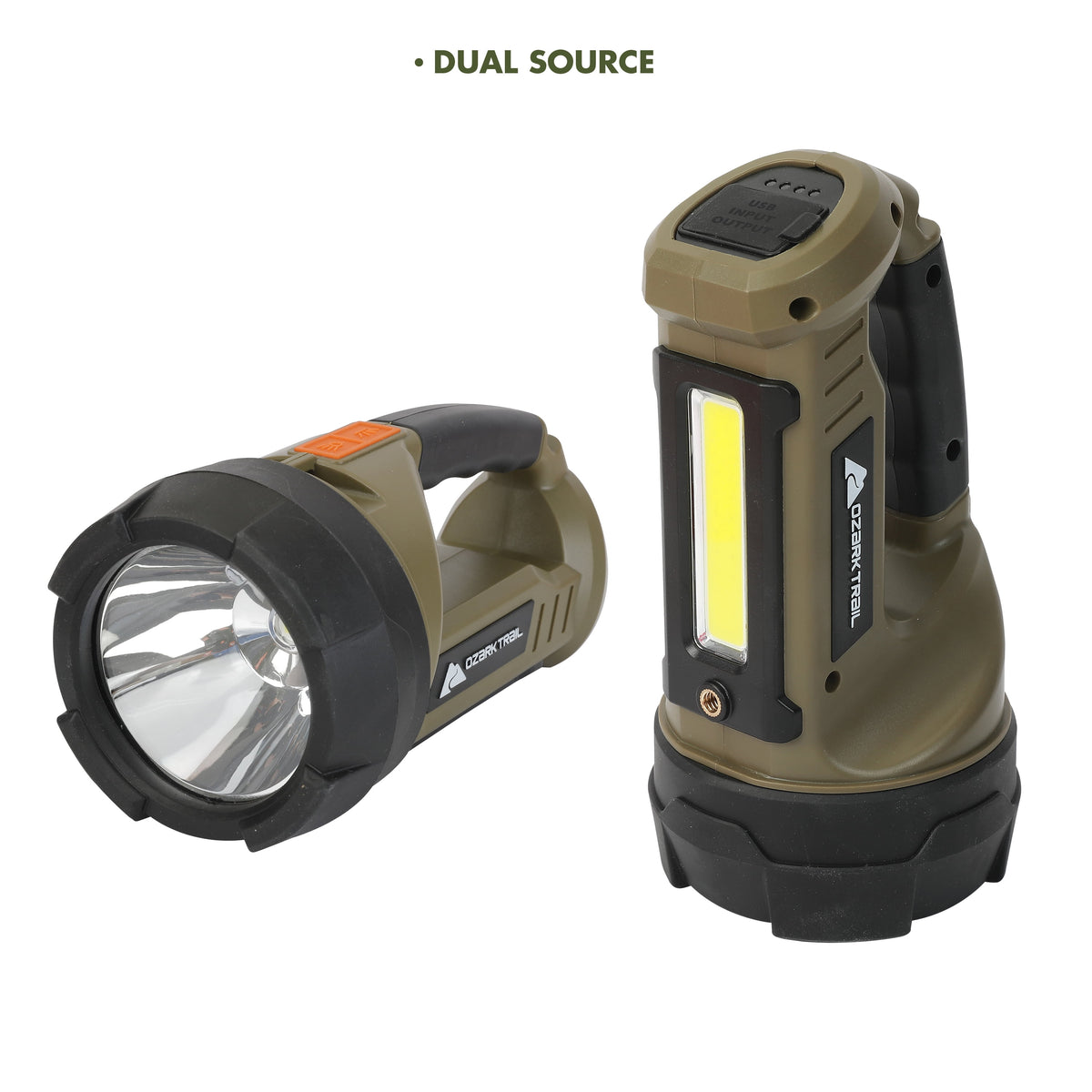 Ozark Trail 4000 Lumen Dual Source Rechargeable Flashlight with 5000 mAh Power Bank, Olive