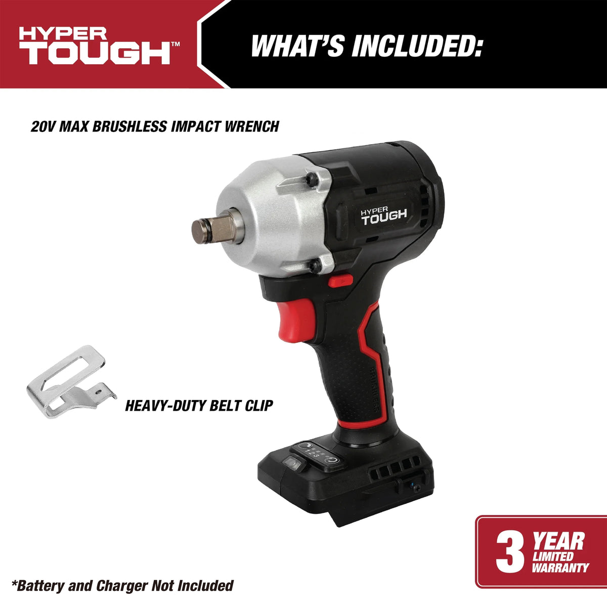 Hyper Tough 20V Max Brushless 1/2 in Cordless Impact Wrench, 350 ft-lbs, Tool Only