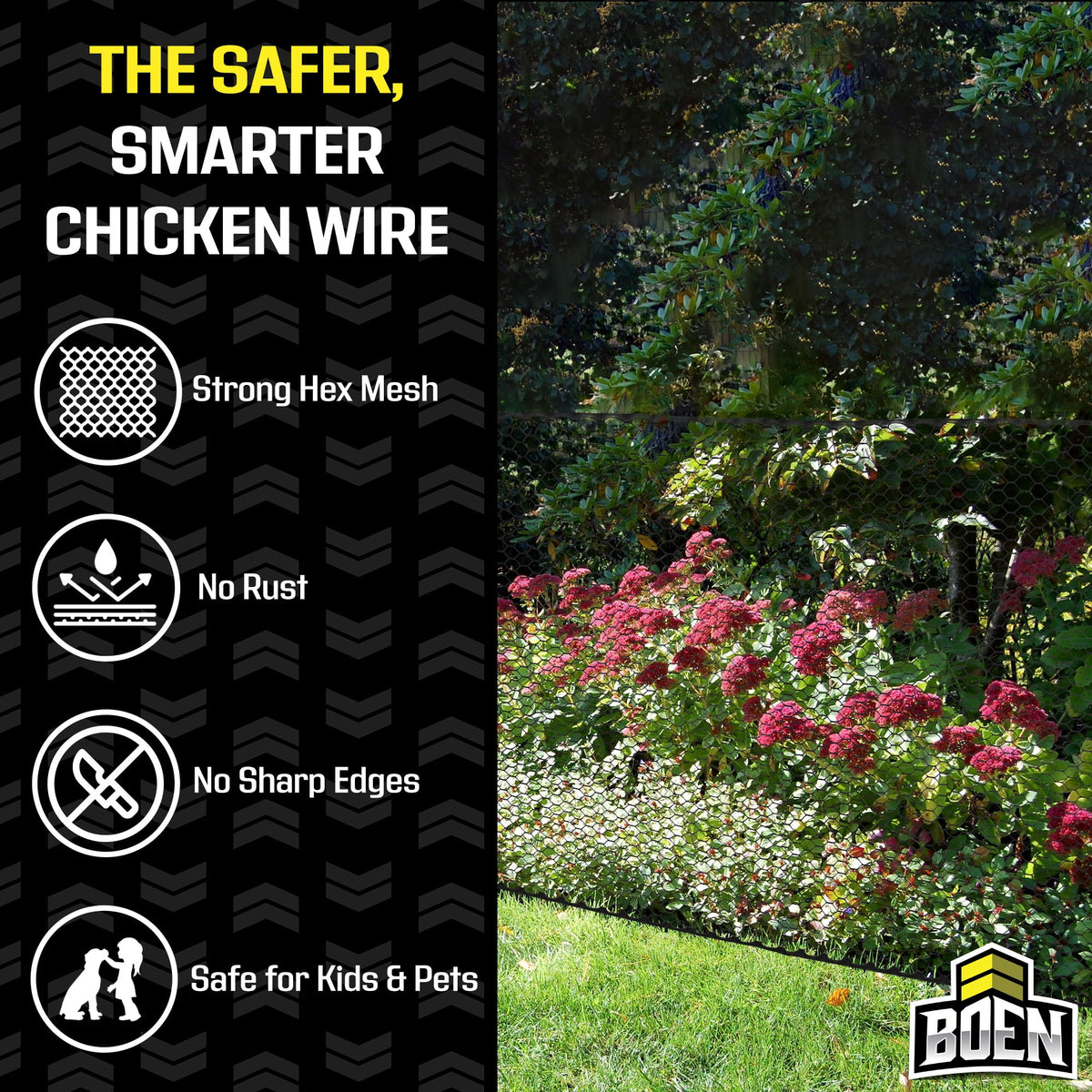 Boen - Plastic Hex Chicken Wire Mesh Temporary Fence Roll (4' x 75' - Black) - Plastic Fence Poultry Netting for Temporary or Semi Permanent Enclosures, Deer Netting Fence, Construction Fencing