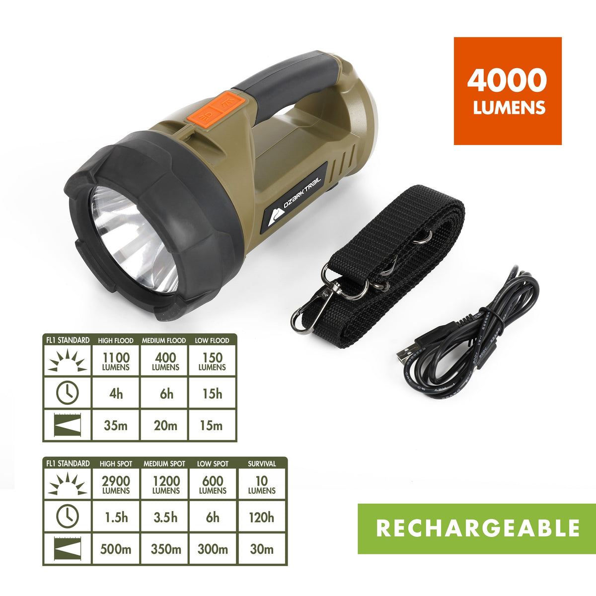 Ozark Trail 4000 Lumen Dual Source Rechargeable Flashlight with 5000 mAh Power Bank, Olive